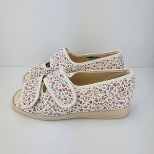 Cosyfeet Womens Size US9 UK7 White Floral Hook Loop Open Toe Slip On Comfort Sho